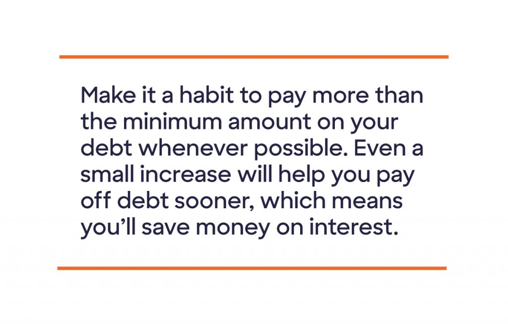 Pull quote about paying more than the minimum on debt when possible as a tactic to save money on interest.